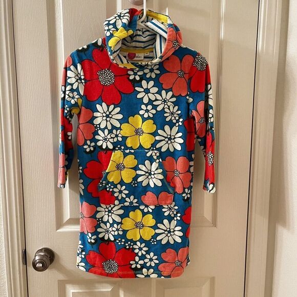 Mini Boden Blue Floral Swim Dress Cover Up Towelling Terry Hooded Girls Size 7-8 - Picture 1 of 10